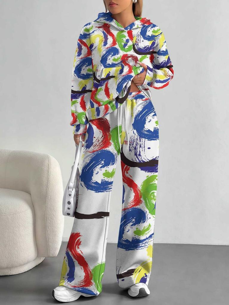 Flowers European, American Autumn and Winter Casual Long-sleeved Suit Women's Hooded Sweater Trousers Two-piece Set