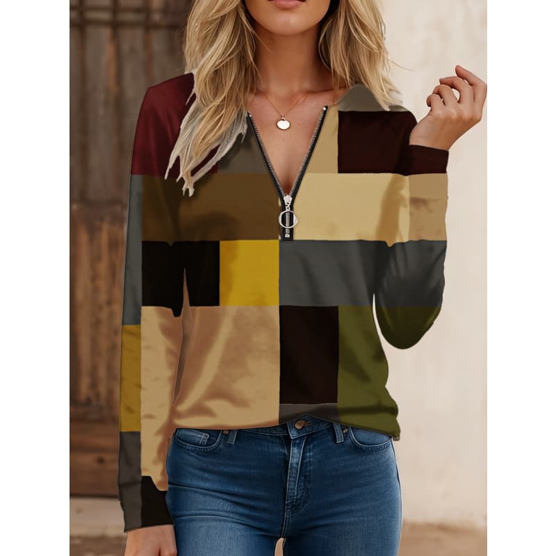 Camiseta feminina com zíper e estampa criativa, manga longa, respirável, macia e confortável, adequada para uso casual o ano todo