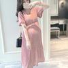 Summer Maternity Dress Pregnant Women Petal Collar Bubble Sleeve High Waist Peter Pan Casual Temperament Gown