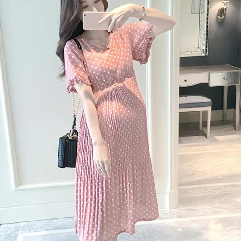 Summer Maternity Dress Pregnant Women Petal Collar Bubble Sleeve High Waist Peter Pan Casual Temperament Gown
