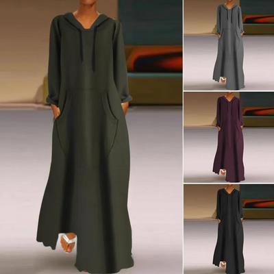 2024 Women Fall Spring Maxi Dress Hooded Loose Solid Color Drawstring Pockets Full Length Pullover Soft Breathable Dress