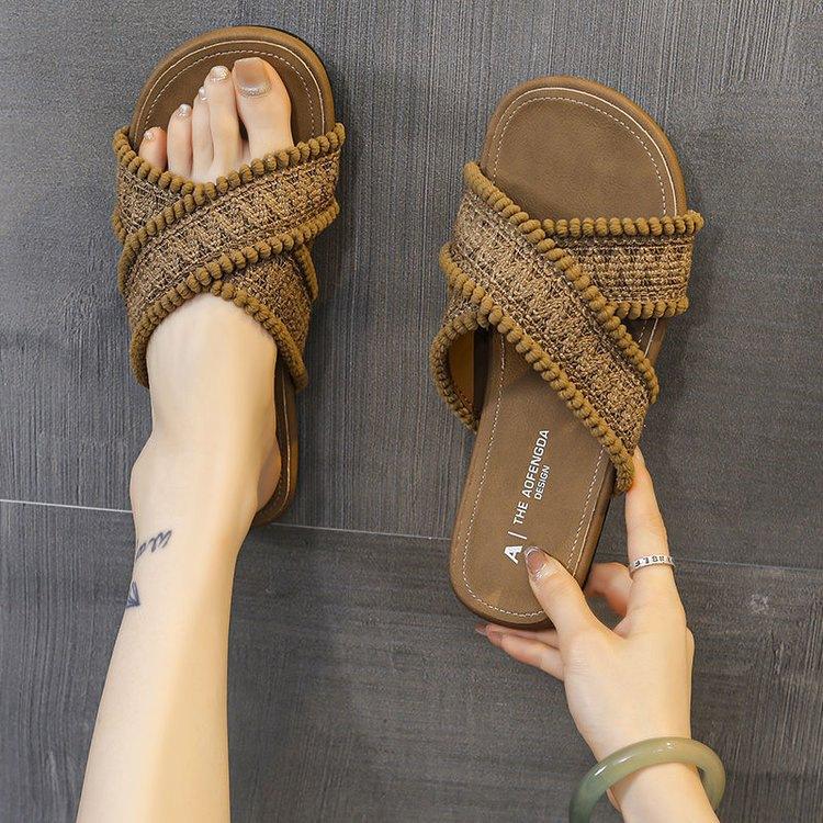 Slippers dames uitgaan high-value platte zool gekruiste bandjes bohemien slippers damesschoenen vakantiewind strand coole slippers