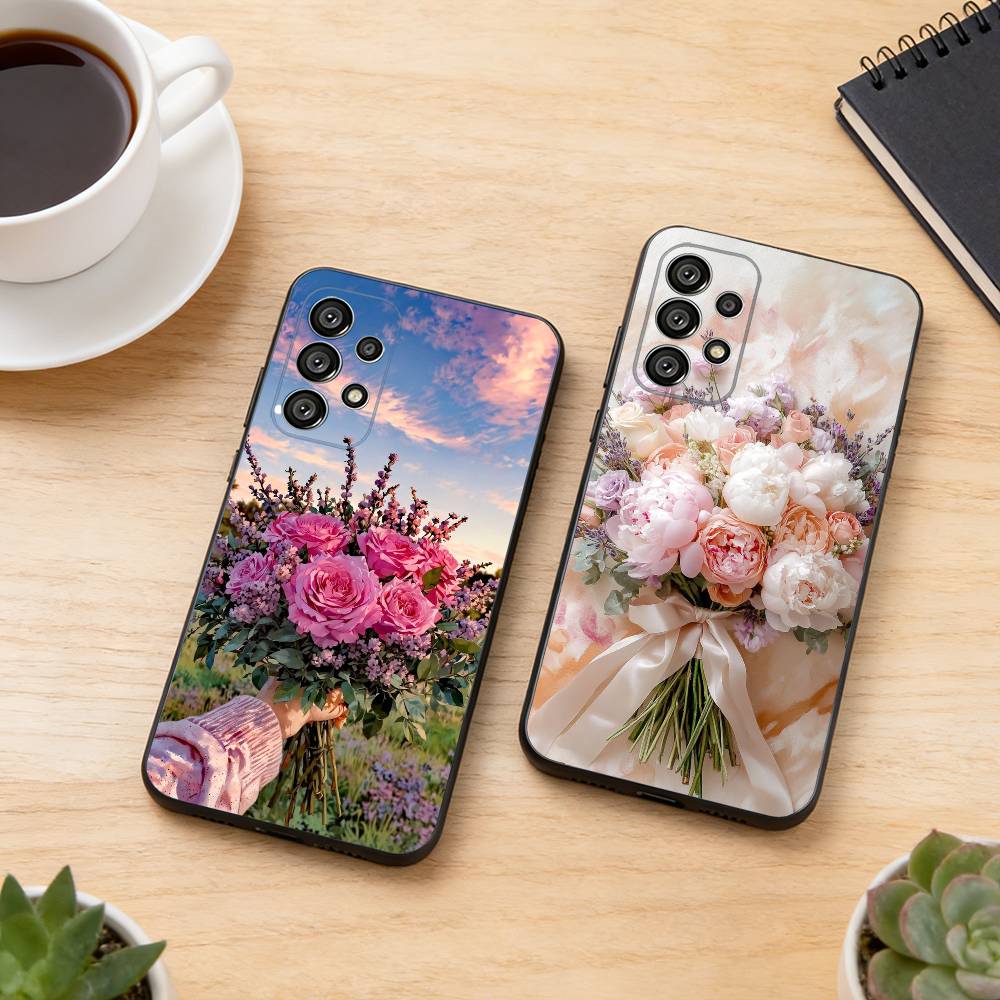Elegant Peony F-Flower Phone Case Black Silicone Soft For Samsung S25,S24,S21,S22,S23,S30,Ultra,S20,Plus,Fe,Lite