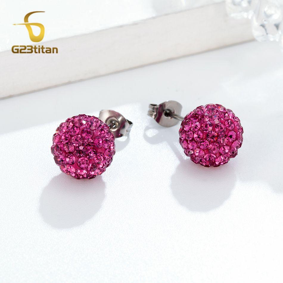 Colors Crystal Bead Polymer Clay Earrings G23 Titanium Ear Stud Micro Pave Rhinestone Disco Ball Hypoallergenic Piercing Zircon