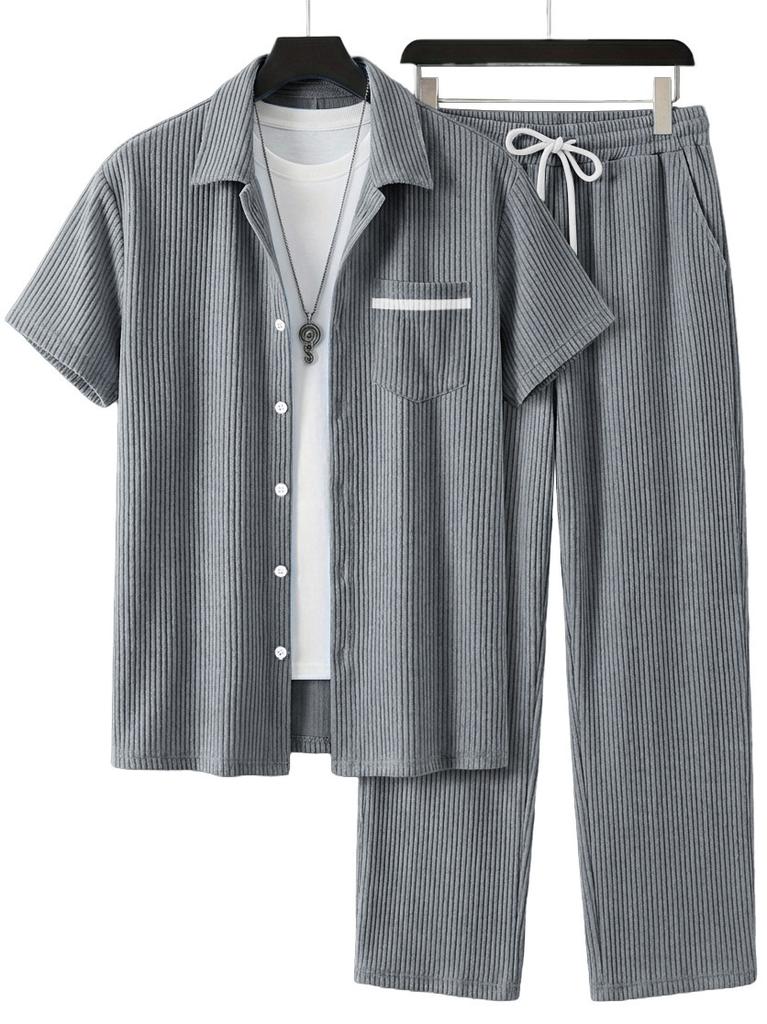1116 New Solid Color Lapel Set, Men's Loose and Breathable Casual Two-piece Set for Beach Vacation