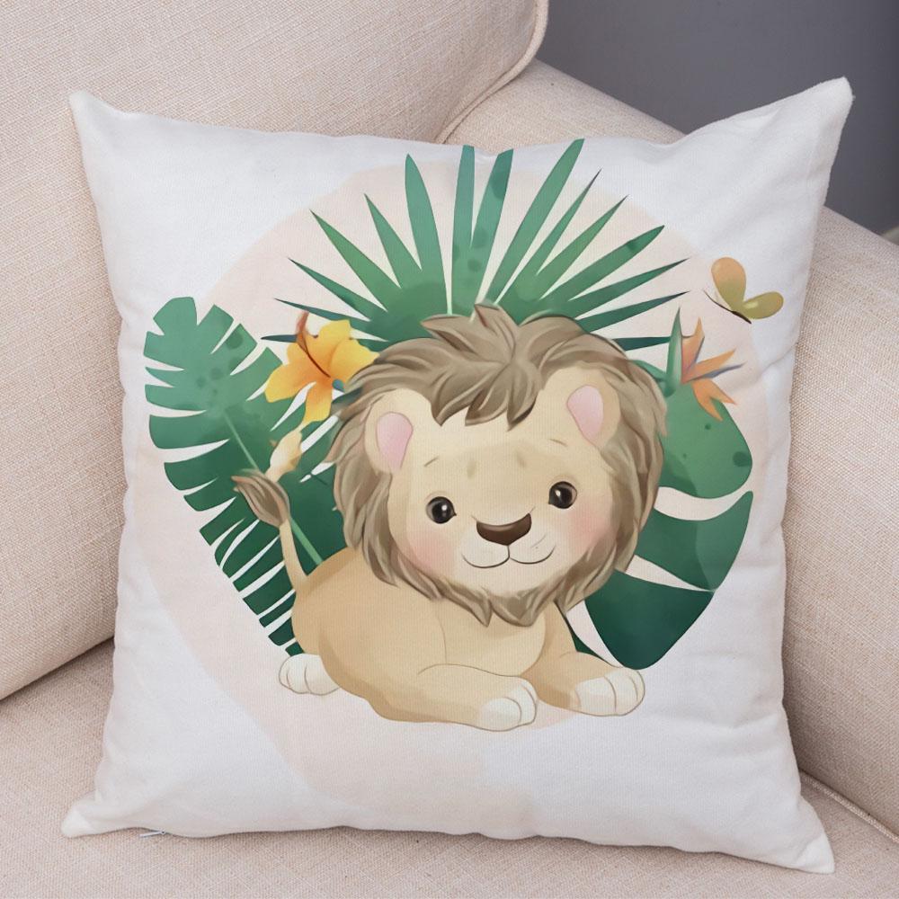 Cartoon Bird and Leaves Pillow Case Decor Cute Animal Lion Cushion Cover for Children Room Sofa Home Plush Pillowcase 45x45cm