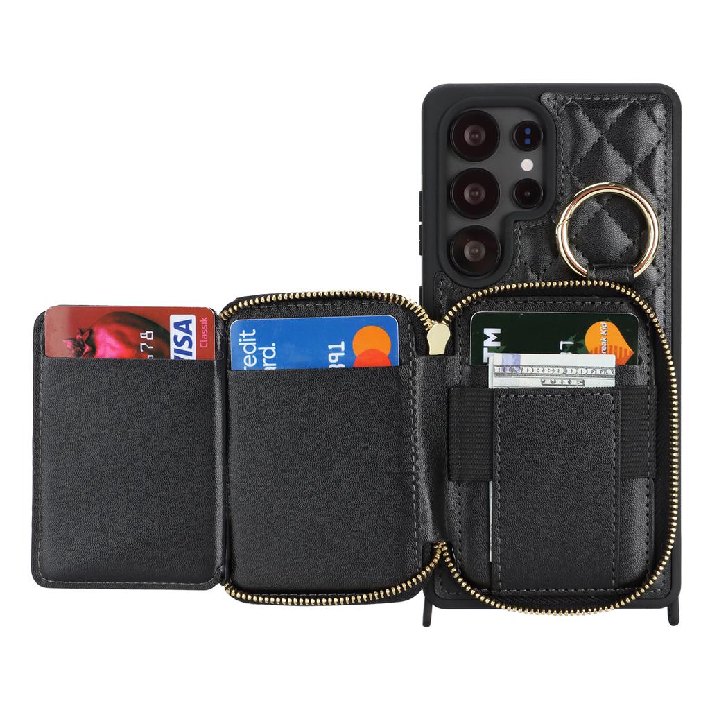 For Samsung Galaxy S25 Ultra Case Ring Holder Zipper Pocket Kickstand Leather Back Phone Cover with Shoulder Strap