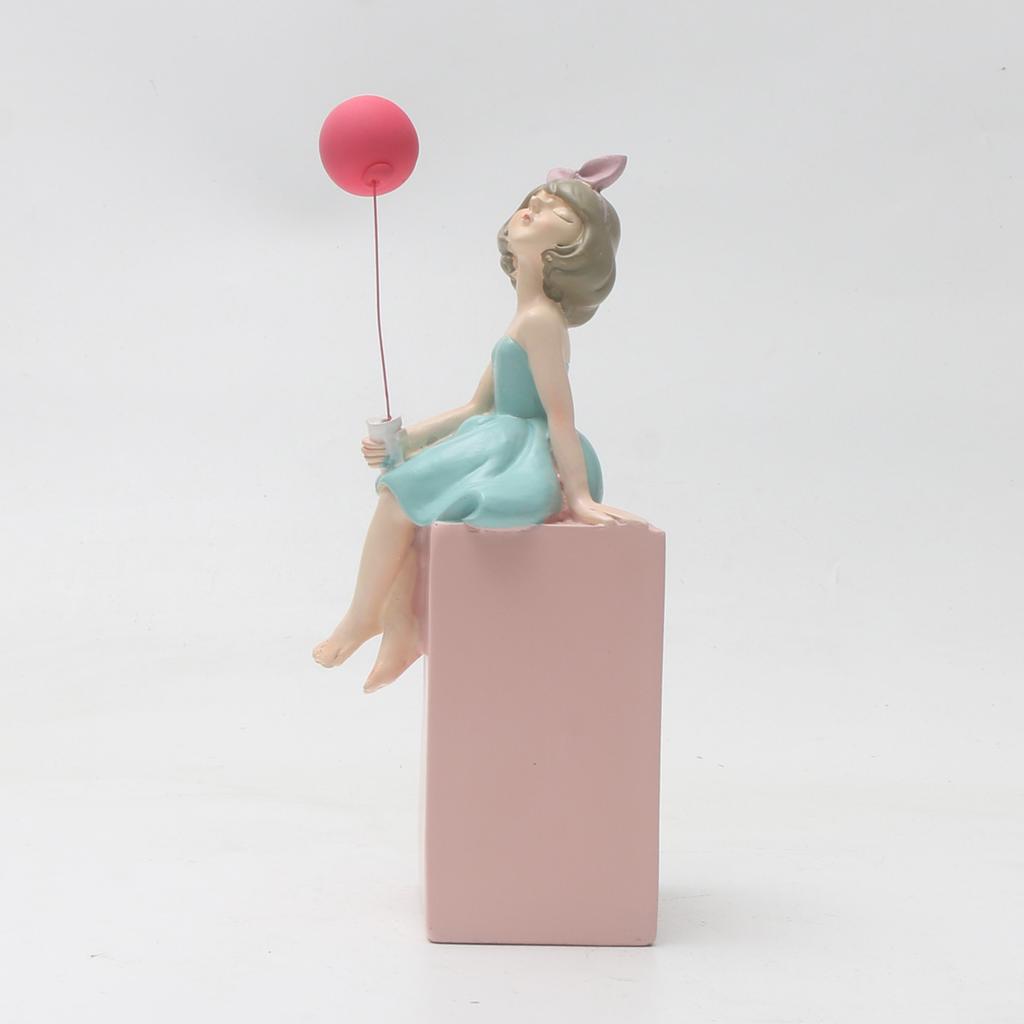 1pc Whimsical Cartoon Girl with Balloon Resin Figurine - INS Style Home Decor Accent, Light Blue Dress, Pink Base, Ideal for Var