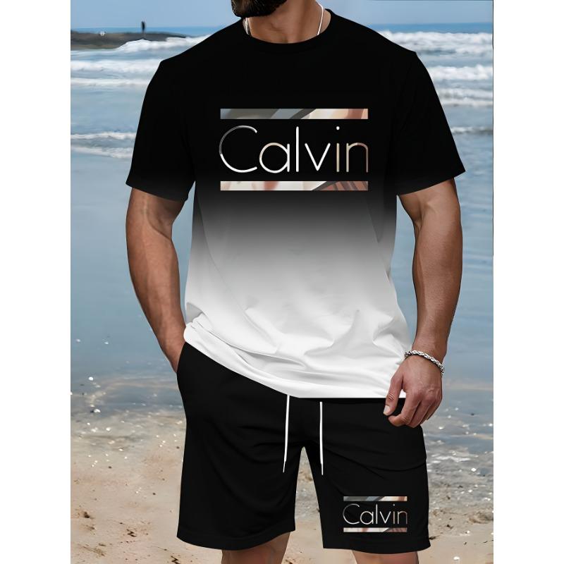 Men's Gradient Printed Casual Suit, Round Neck Short Sleeved T-shirt and Drawstring Pocket Shorts, Summer Outdoor Sportswear