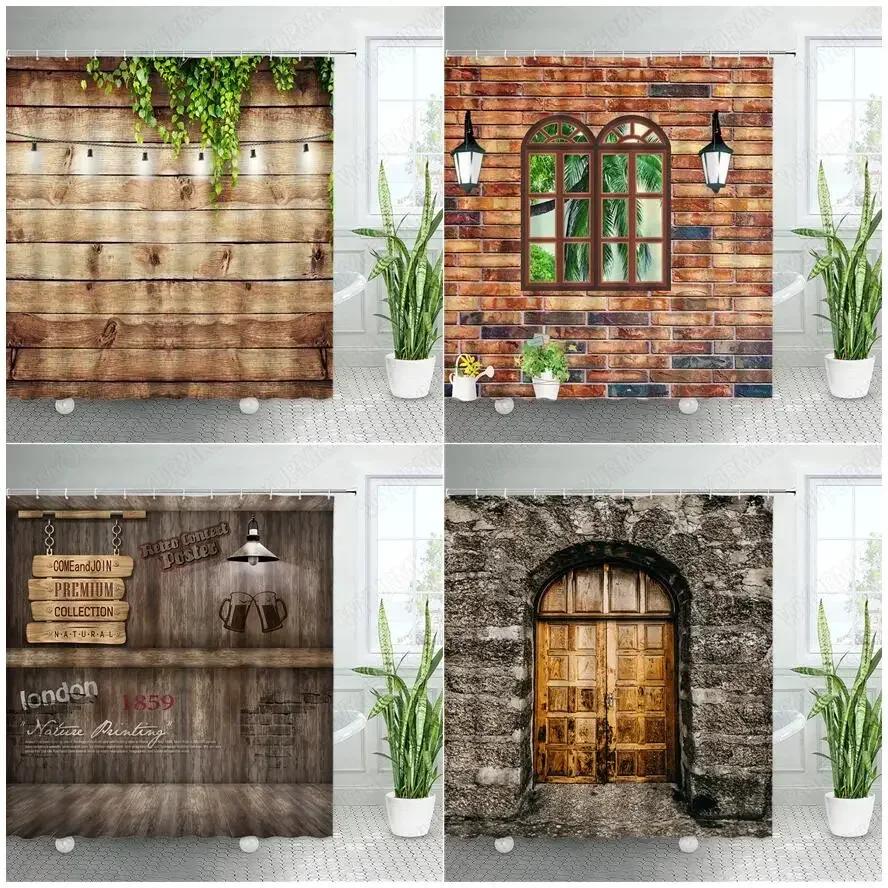 Vintage Dřevěná Prkna Sprchové Závěsy Retro Cihlová Zeď Pouliční Světla Farma Vrata do Stodoly Zelené Listy Rostlina Látka Domácí Koupelnová Dekorace