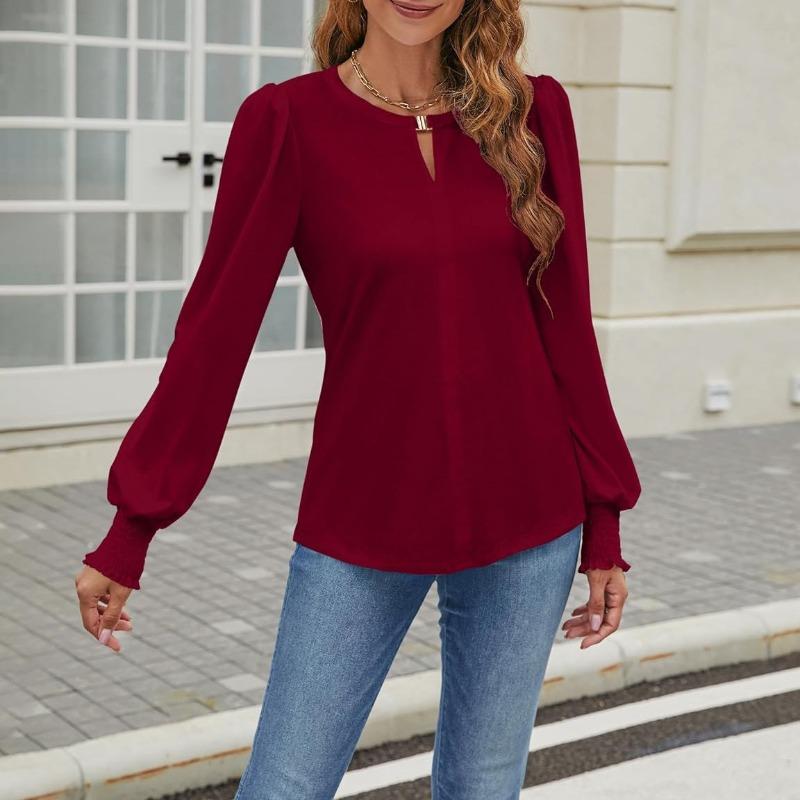 Plus Size Women's Spring New Long Sleeve V Neck Lock Casual Bubble Sleeve Top