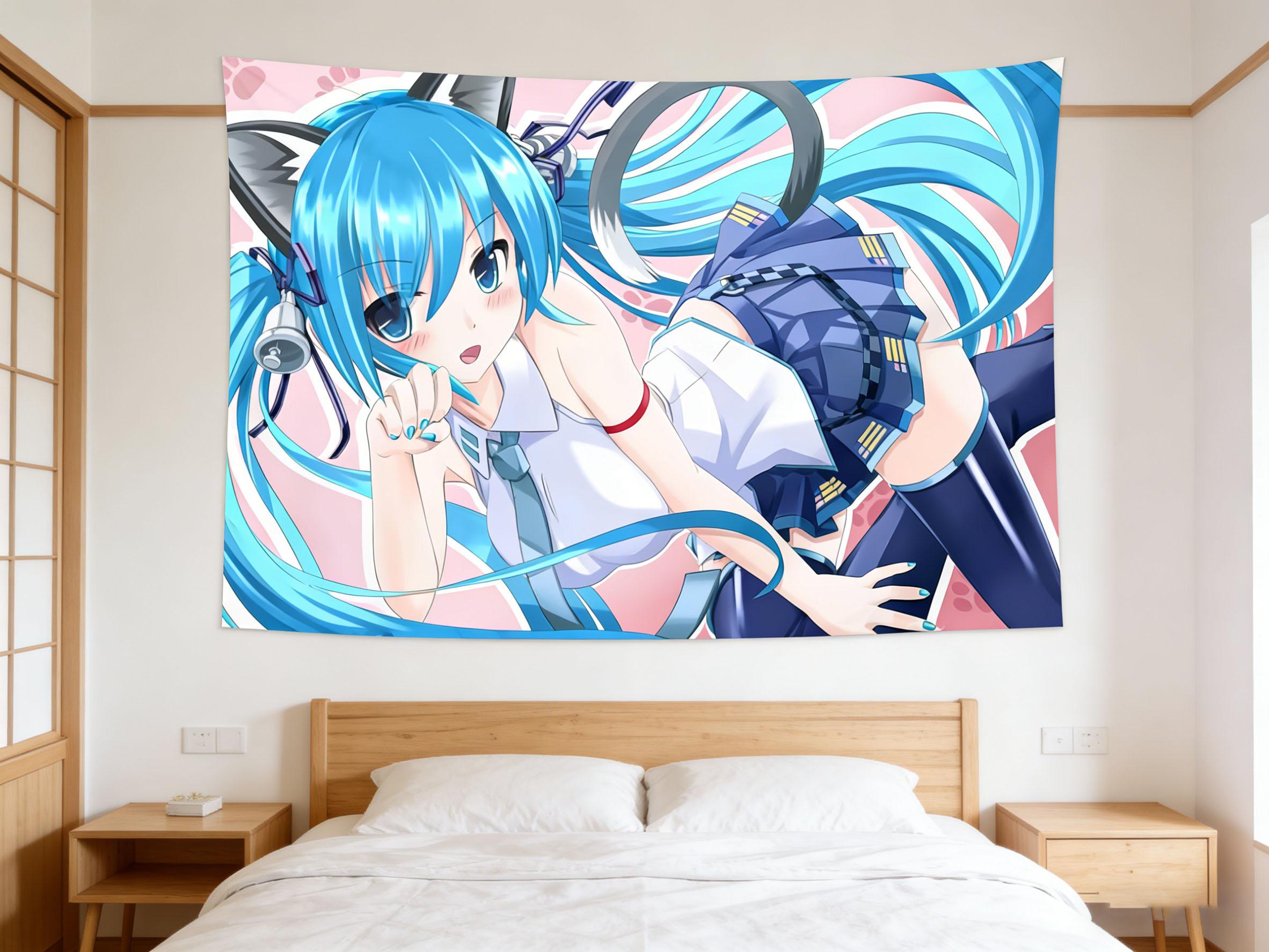 Bohemian Style Tapestry Cute Girl Tapestry Blue Twin-tailed Cat Girl Tapestry Aesthetic Wall Hanging Decor Suitable for Bedroom 100X70CM