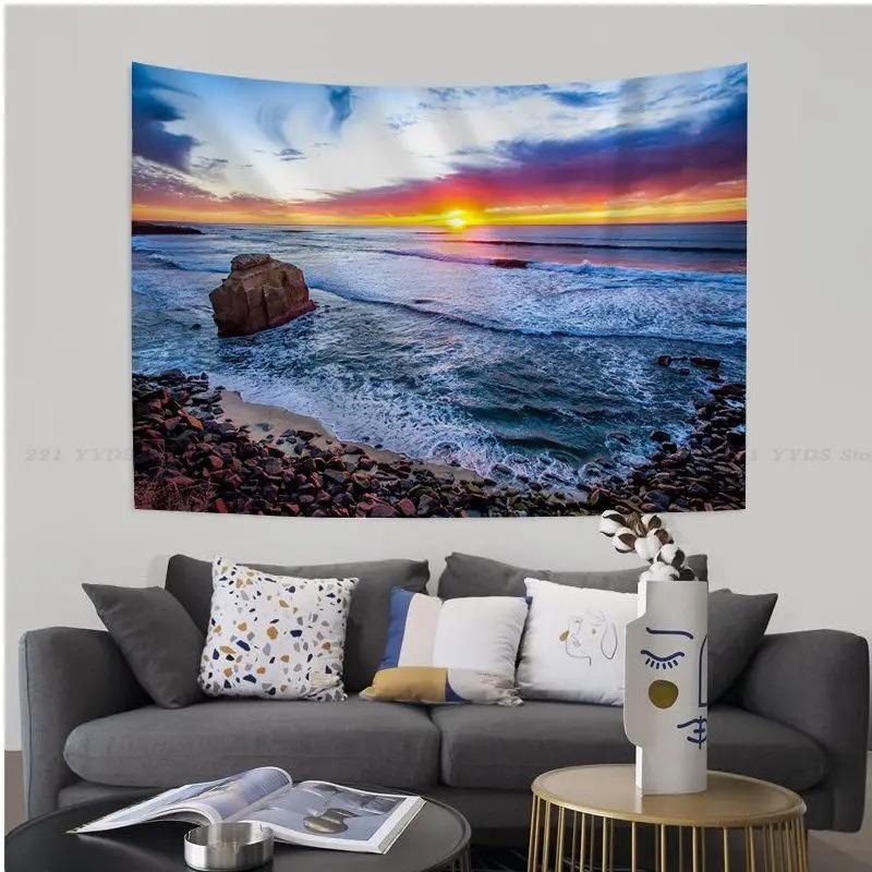Büro Wohnzimmer Wandteppich Landschaft Strand Sonnenuntergang Cartoon Wandteppich Home Wanddekoration Wandteppich