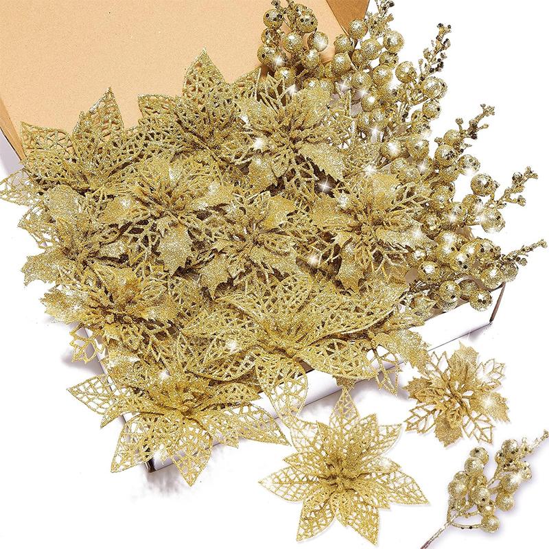 

20Pcs Christmas Decoration Glitter Berrie Artificial Flower Bouquet Christmas Tree Ornament for Home New Year 2025 Navidad Decor 20Pcs золотой