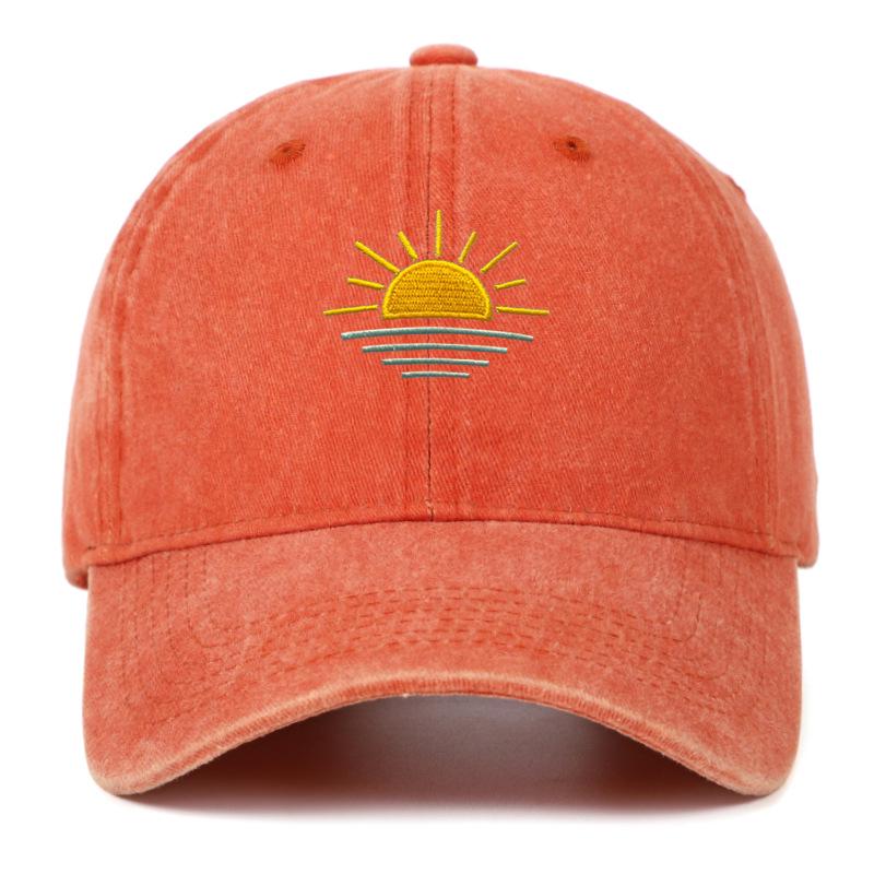 Unisex Vintage Washed Baseball Cap - Embroidered Beach Sunrise, Breathable & Sun Protective for Summer Outdoor Activities