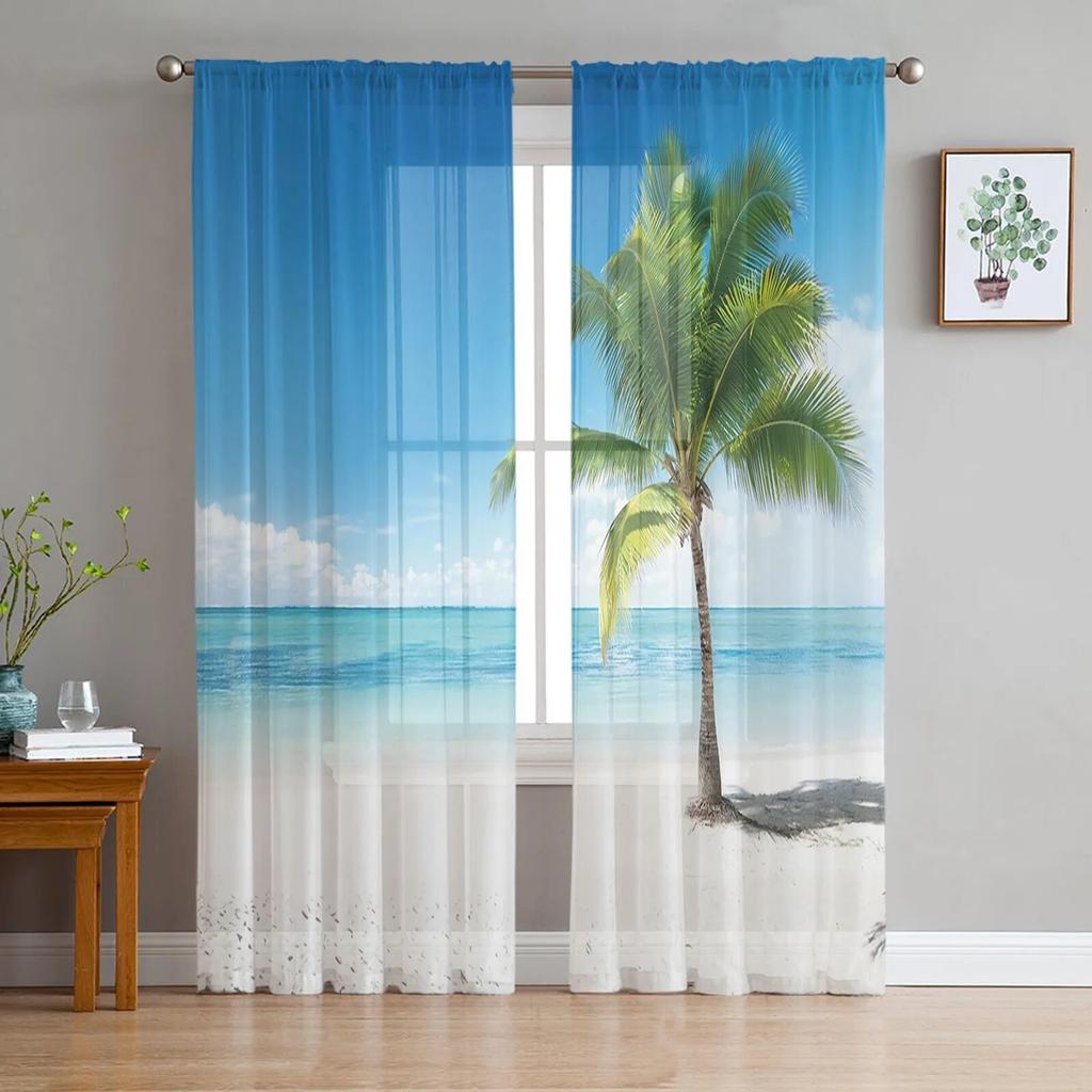 Beach Sea Coconut Trees Modern Printed Tulle Curtains for Bedroom Balcony Window Decor Creative Fashion Home Sheer Curtain