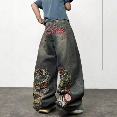European, American Autumn and Winter High Street Loose Wide-leg Straight American K Washed Embroidered Jeans