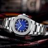 Men's Luxury Nautilus Style Watch Stainless Steel Case Analog Quartz Watch with Luminous Hands Push Button Clasp Casual Watch