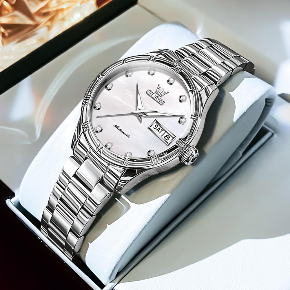 OLEVS 7030 Luxus Damenuhr Doppelkalender Automatikuhr Für Damen Edelstahl Wasserdicht Diamantskala Damen Handuhr