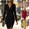Women's Fashion Autumn Winter Solid Color Print Long Sleeve V-Neck Casual Dresses