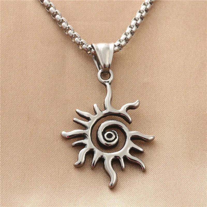 Silver Color Spiral Vortex Sun Pendant Long Chain Necklace For Women Men Punk Rock Charm Hip Hop Vintage Grunge Goth Accessories