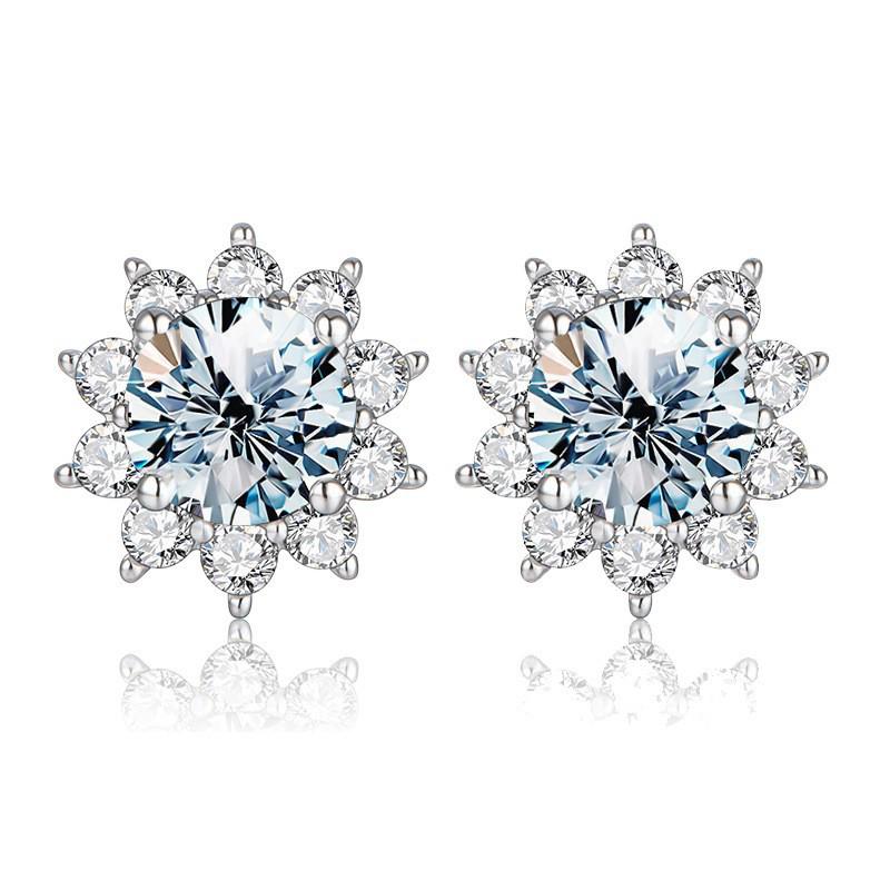 S925 Sterling Silver Moissanite Sunflower Sparkle Stud Earrings, 50 Points, In Stock 925 Silver