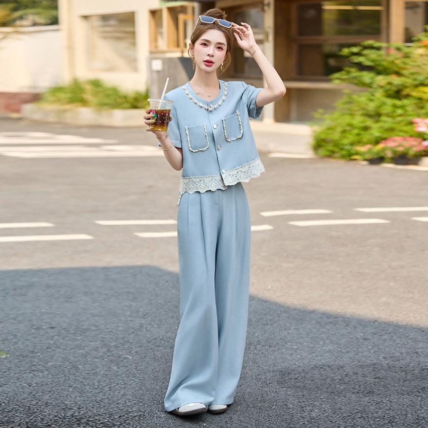 Temperamentli sotsialist Xiaoxiang fan kostyumi ayollar yozgi yangi dizayn hissi moda professional keng oyoqli shim ikki qismli to'plam