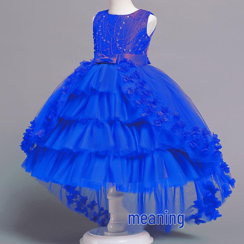 Children's Formal Puffy Princess Wedding Dress with Lace Train for Catwalk and Performances