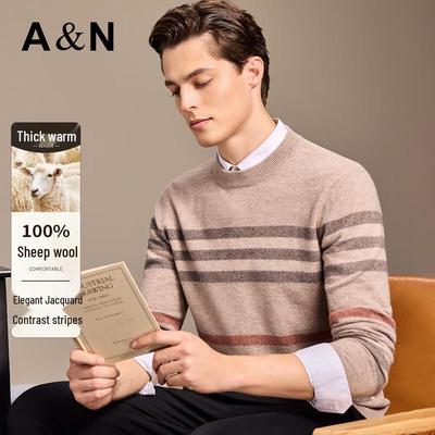 Antonio Men's Thick Merino Wool Color-Block Striped Round Neck Sweater