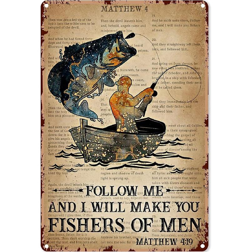 UOAIUDT Vintage Fishing Metal Plaque Poster Follow Me And I Will Make You Fishers Of Men Retro Metal Tin Sign Plaque Wall Decor Gift For Bathroom 12 L x 8 W
