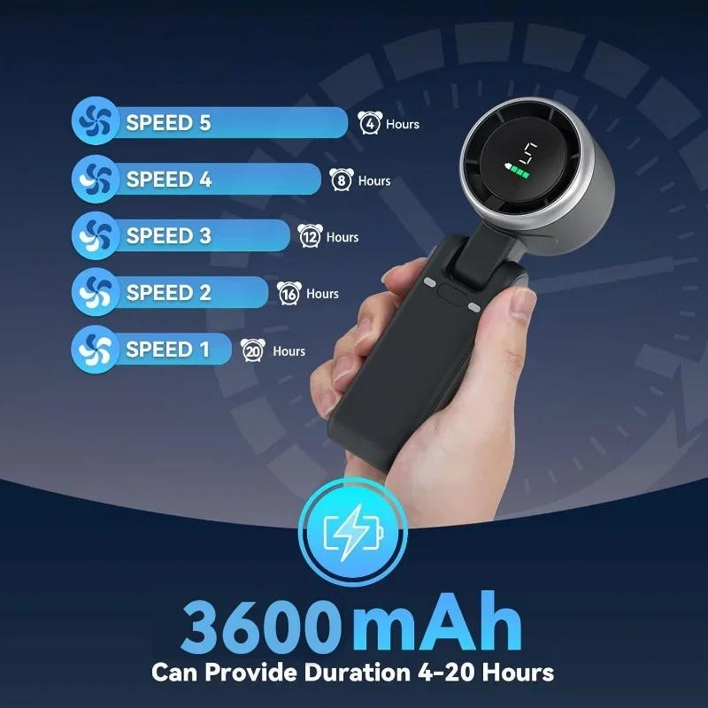 Mini Draagbare Handventilator met LED Display, 150° Opvouwbare 3-in-1 Ventilator, 5 Snelheden 3600mAh Hand/Bureau/Nek Multifunctionele Persoonlijke Ventilator