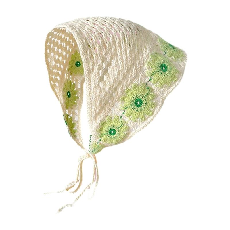 

Knitted Flower Triangle Scarf Lovely Crochet Hair Kerchief Tie Back Flower Pattern Elegant Turban for Girls Photo Props