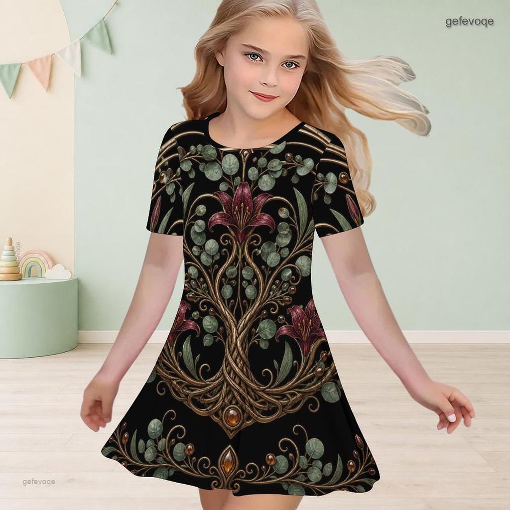 Girls Round Neck Short Sleeve Floral Tree Printed A Line Flared Black Dress