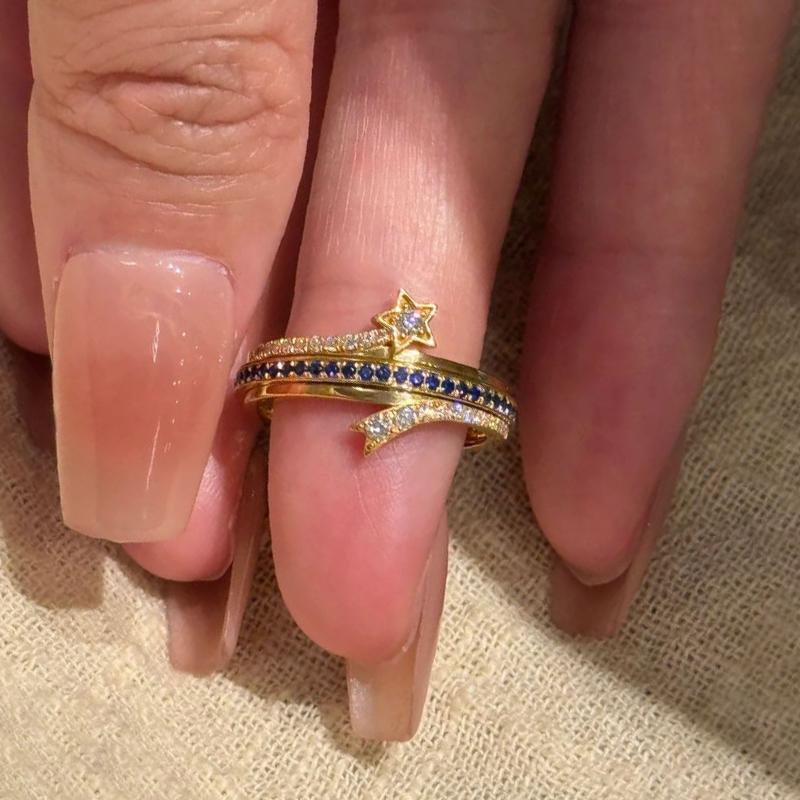 

Premium inlay Blue Diamonds Star rings for women Classic design Retro Rotating glossy Ring Light Luxury Banquet Jewelry Gift 7 золотой