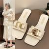 Large Size Metal Sheet Decorative Flat-Bottomed Slippers Women'S Square Head Open-Toed Versatile One-Word Niche Slippers