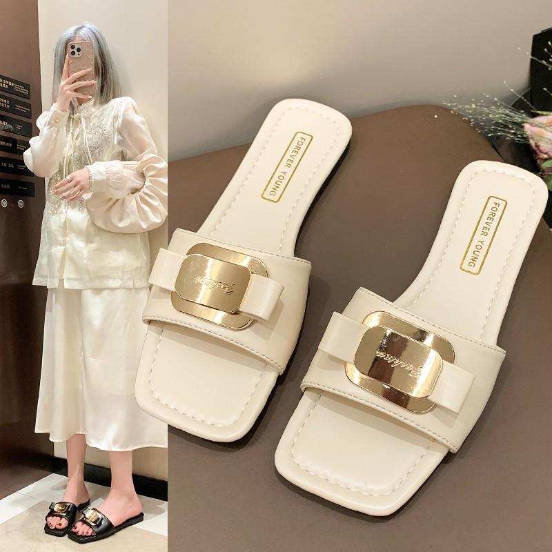 Large Size Metal Sheet Decorative Flat-Bottomed Slippers Women'S Square Head Open-Toed Versatile One-Word Niche Slippers
