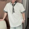 INCERUN Mens Tie Up Short Sleeve Leopard Stitching Casual T-shirts Tops