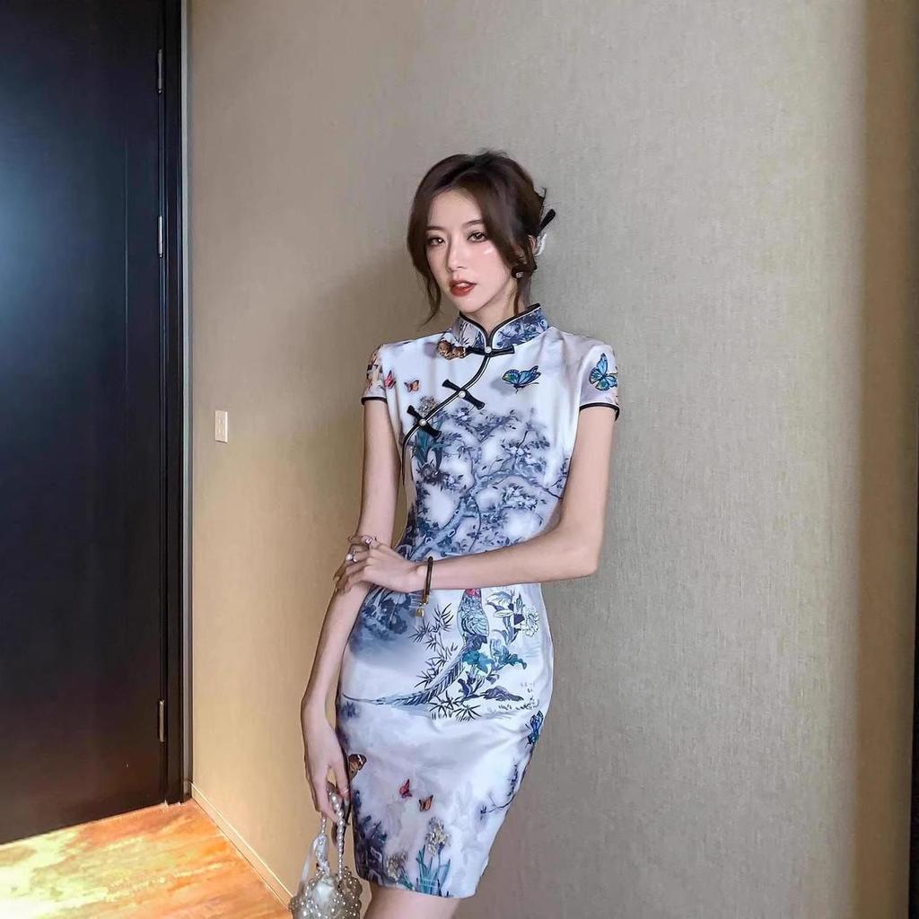 Youthful Petite Cheongsam: Mid-length Summer Ink Painting Bodycon Dress