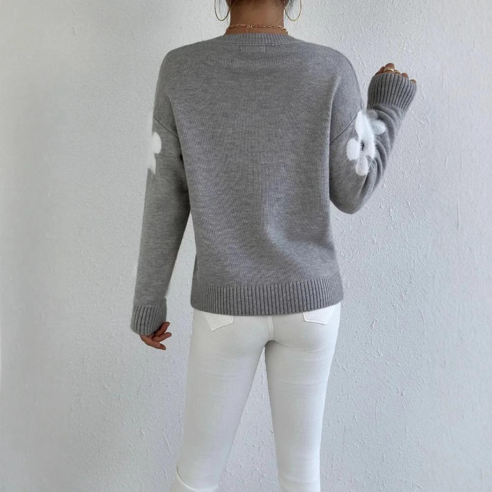 Ladies Clothes Sueter Flower Print Loose Round Neck Long Sleeve Autumn Winter Versatile Pullover Sweater Autumn Clothing Womens