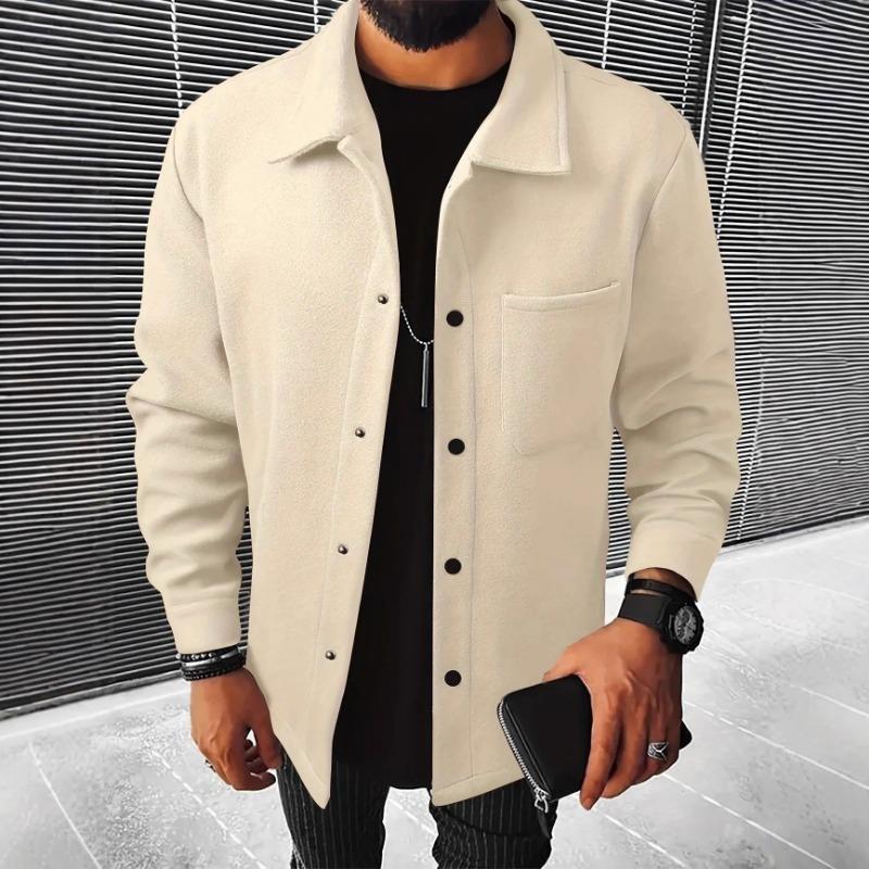 Men's Gray Button Front Overshirt Jacket Casual Fleece Coat