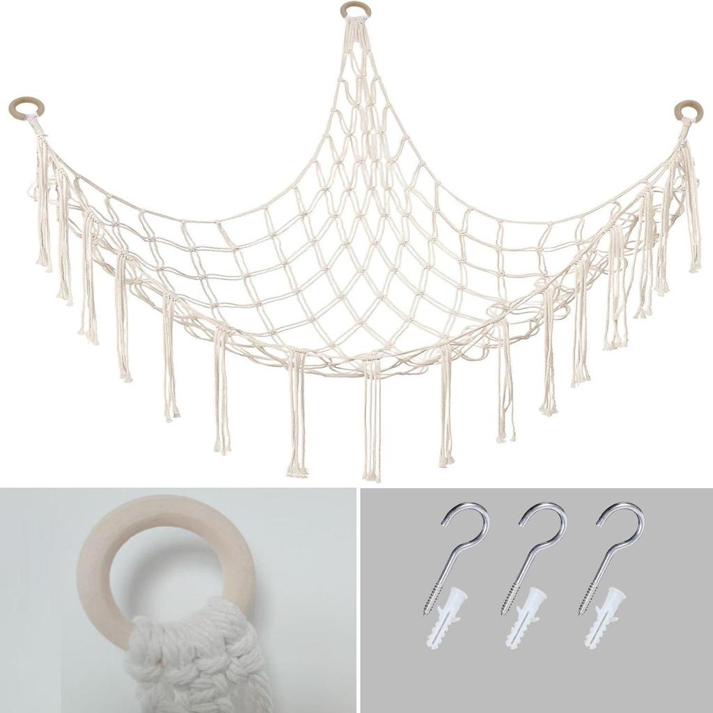 Corner Hanging Woven Cotton Rope Toy Storage Net with Tassels