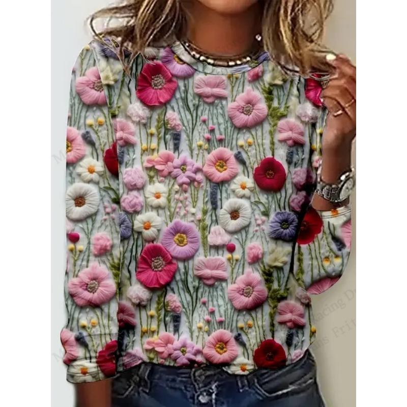 Bird Floral Patterns Graphic 3d Print T-Shirt Women Fashion Casual Oversized Long Sleeve T-shirt Women Clothing Flower Tops Tees