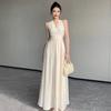 French White Sleeveless Neck V-neck Dress for Women's Summer New Beautiful Waist and Thin Big Swing Dress