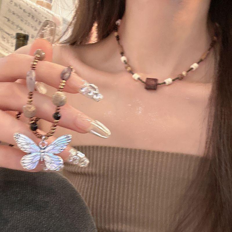 Guochao New Chinese Coffee Square Butterfly Beaded Necklace Female Wide Retro Literary Niche High-end Antique Accessories