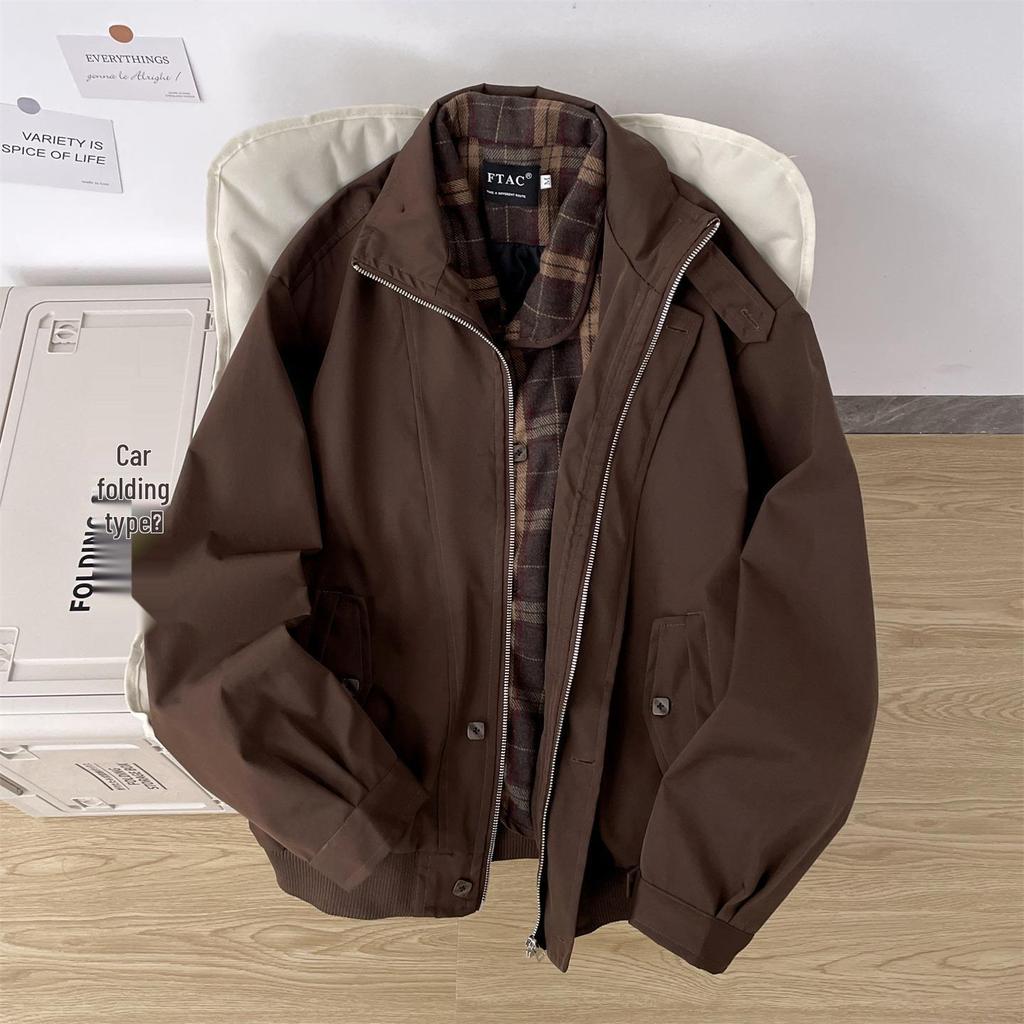 Men's Retro Plaid Patchwork Harrington Jacket - Two-Piece Layered Silhouette