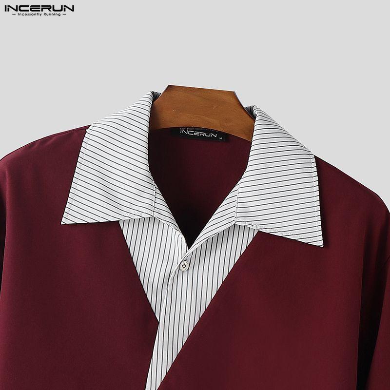 INCERUN Summer Men Lapel Neck Short Sleeve Striped Patchwork Casual Loose T-shirts Tops