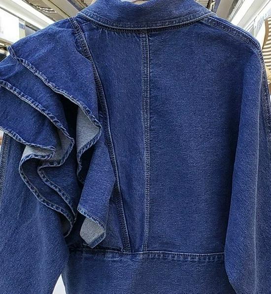 Korean-Style Ruffle Slim-Fit V-Neck Denim Jacket