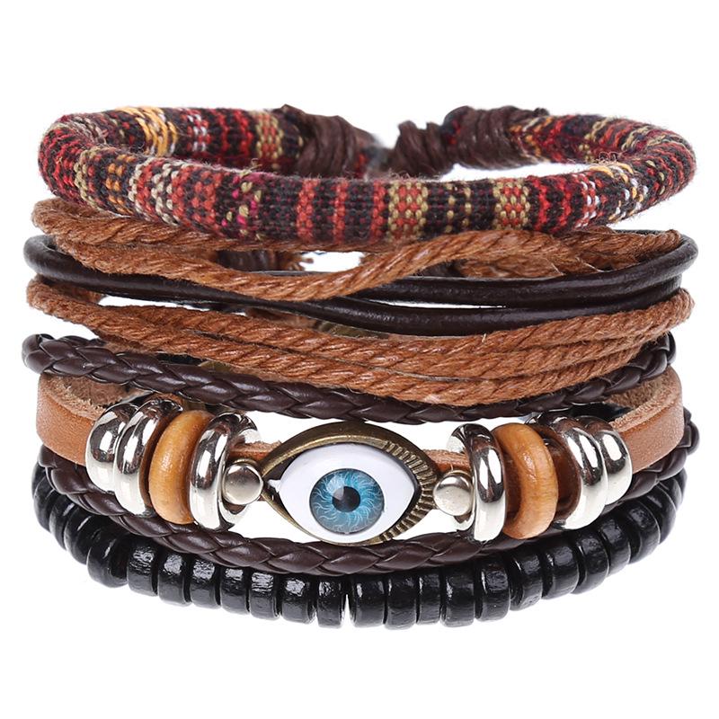Retro Woven Cowhide Leather Men's Bracelet Set - European & American Handmade DIY Knot