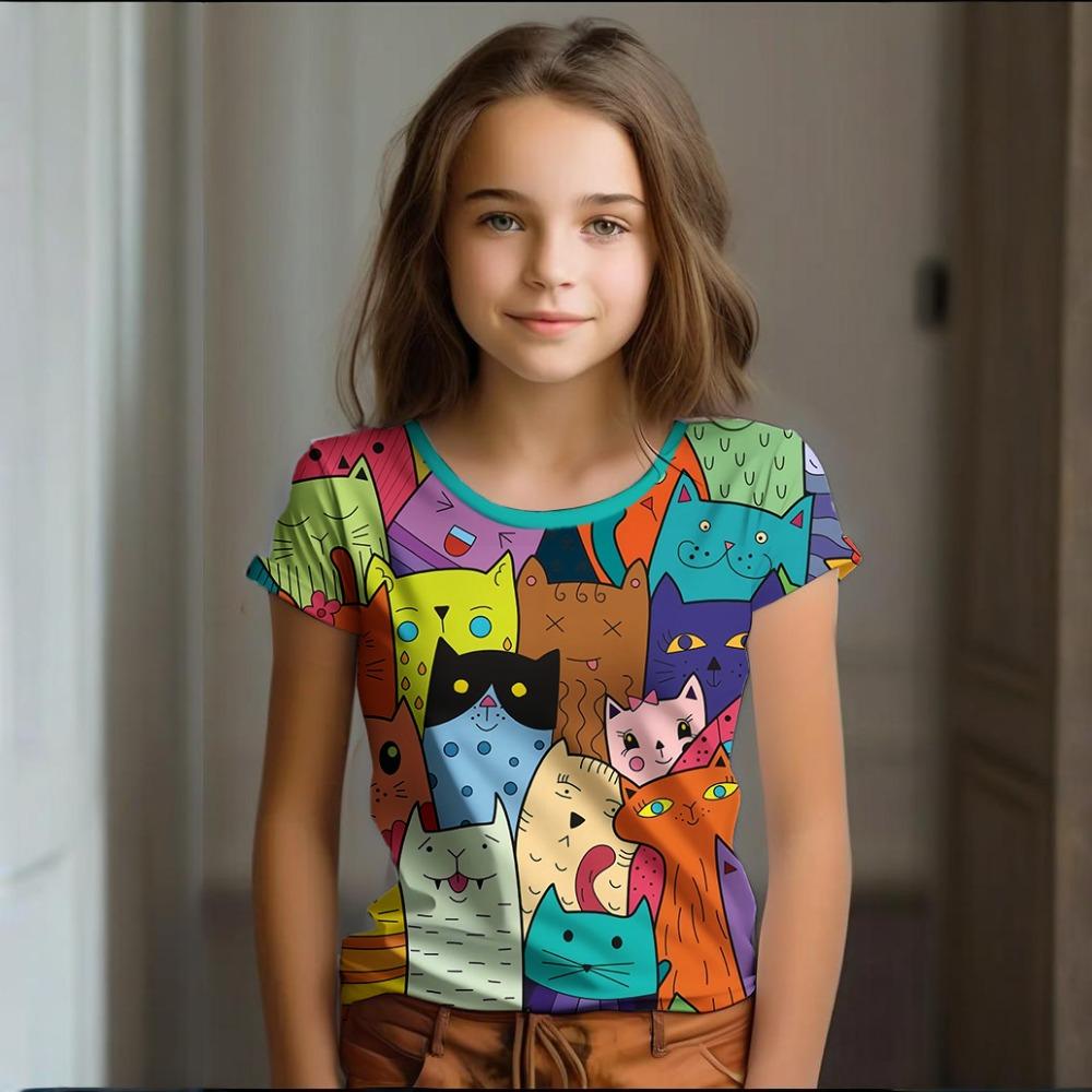 Girl Clothes Summer Cartoon Cat Graphic Children's Clothing  Doodling Short Sleeve O-Neck Top