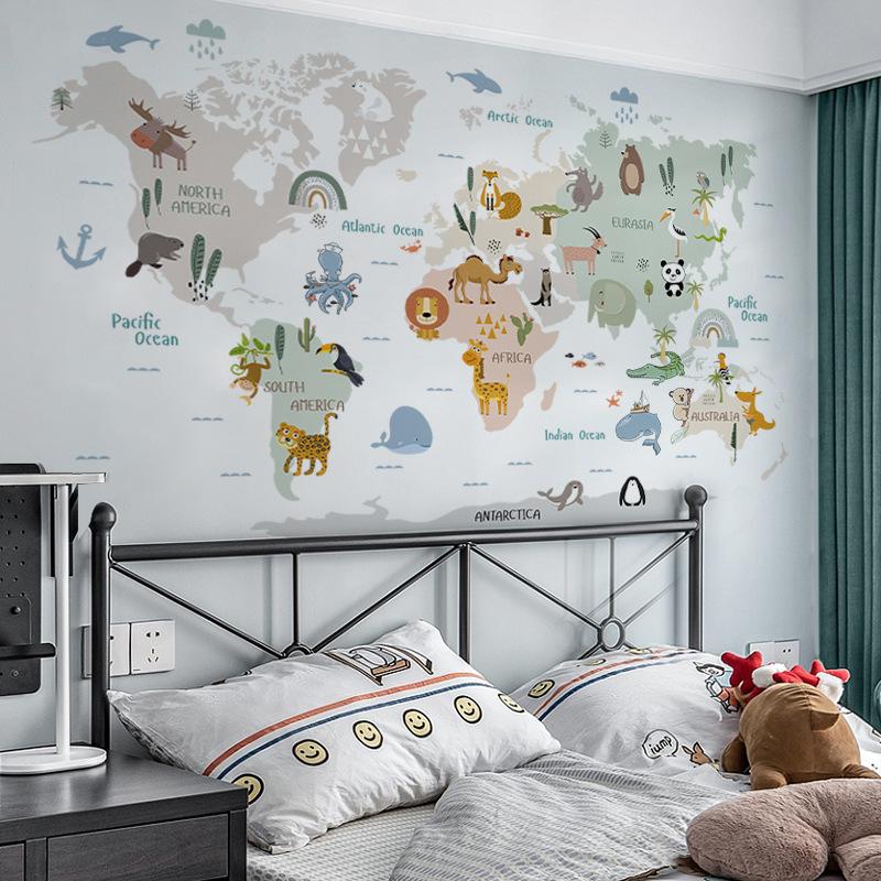 Cartoon Animal World Map Wall Sticker Self Adhesive Kids Room Bedroom Background Kindergarten Classroom Decor